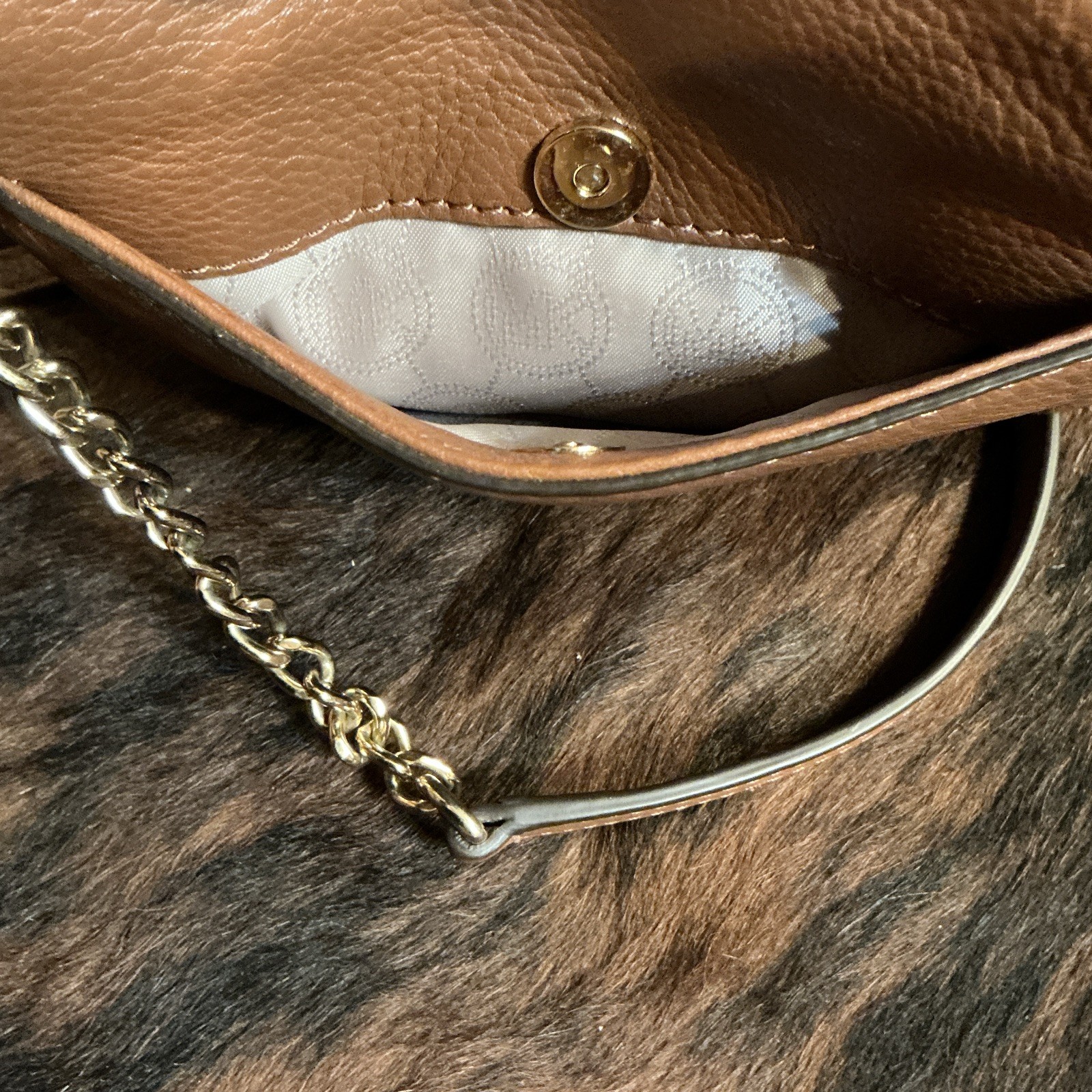 Michael Kors Brown Small Pebbled Crossbody Bag Gold Logo Chain Magnetic Closure