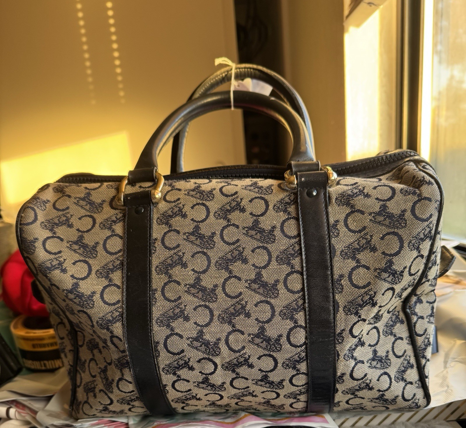 CELINE C Macadam Hand Bag Canvas Navy