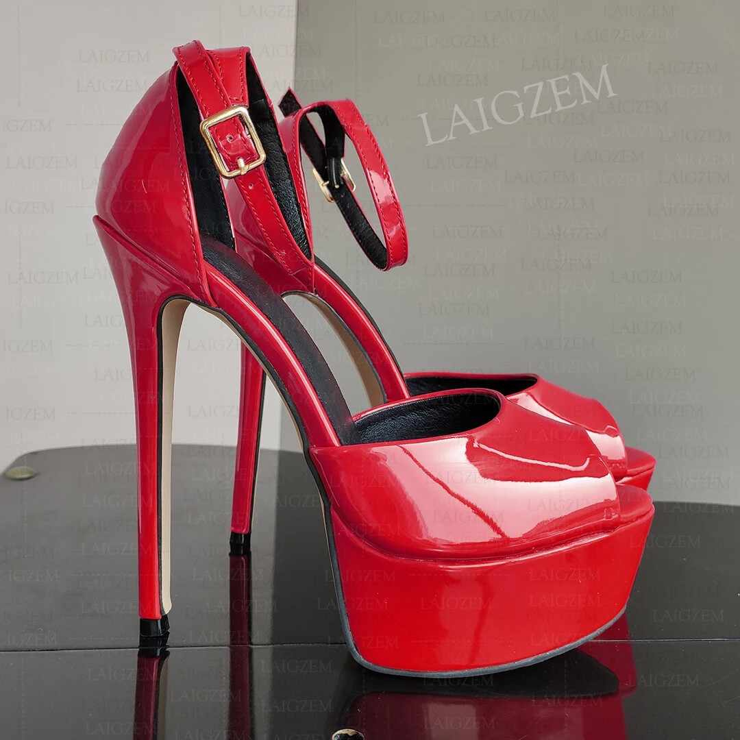 Women Pumps Peep Toe Shiny Thin High Heels Sandals Ankle Strap Shoes Woman