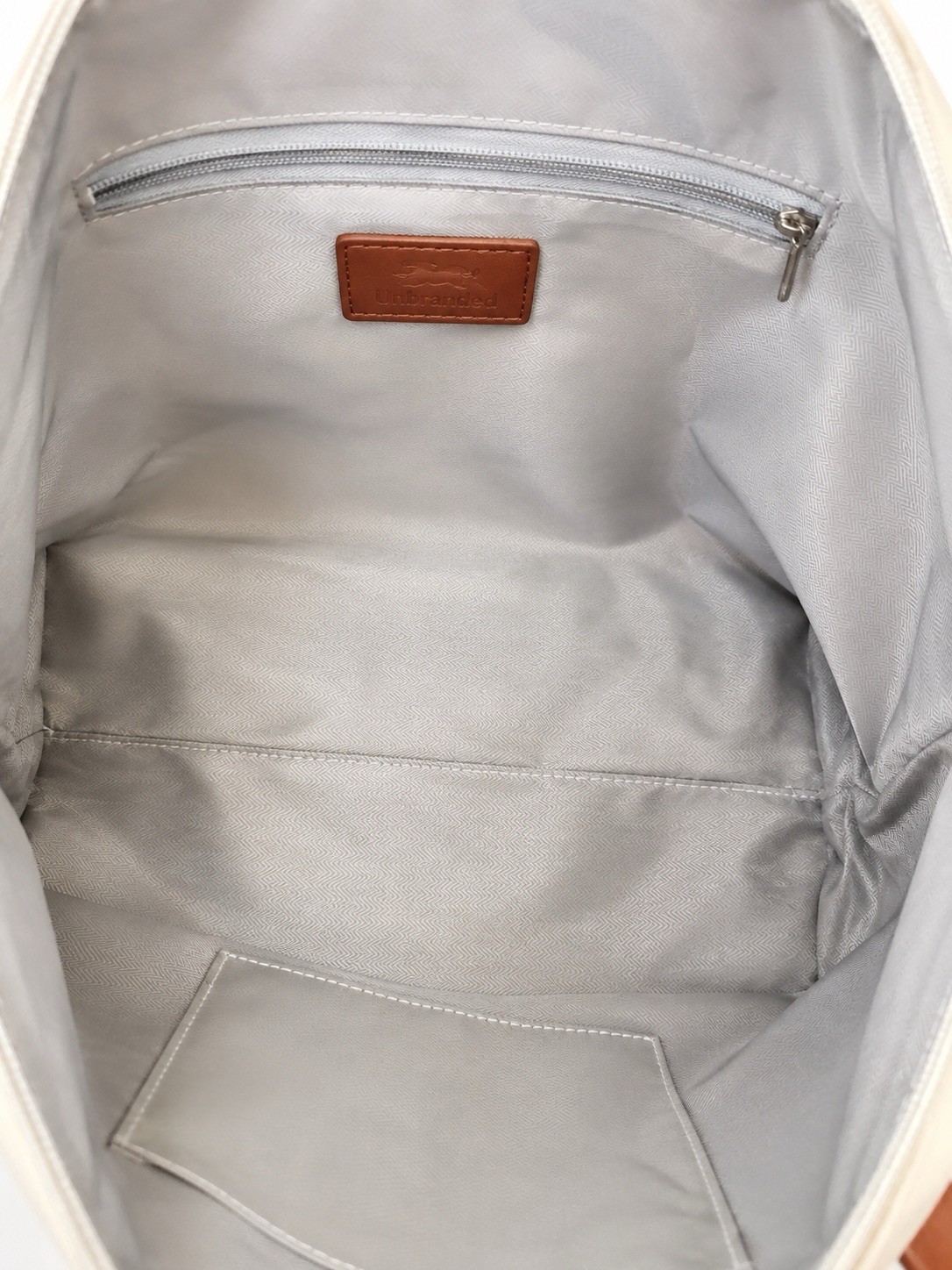 Large Cream Nylon Tote Bag Brown Faux Leather Trim Top Zip Shoulder Bag