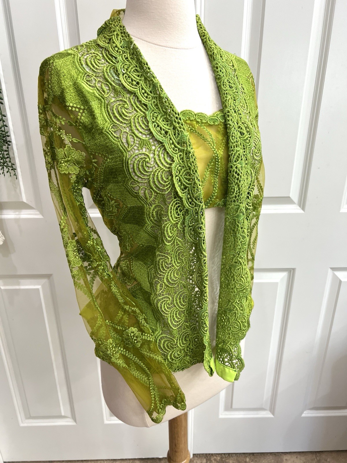 Vtg Whimsical Green Sheer Embroidered Lace Fairycore Boho Glam Open Front Sz M