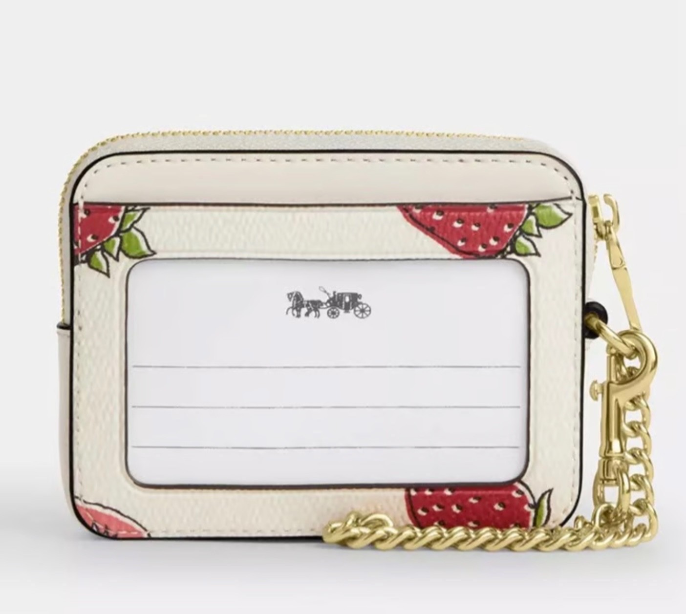 Coach Chalk & Strawberry 🍓 Zip Card Case Credit Card ID Chain Wallet CAR32 NWT