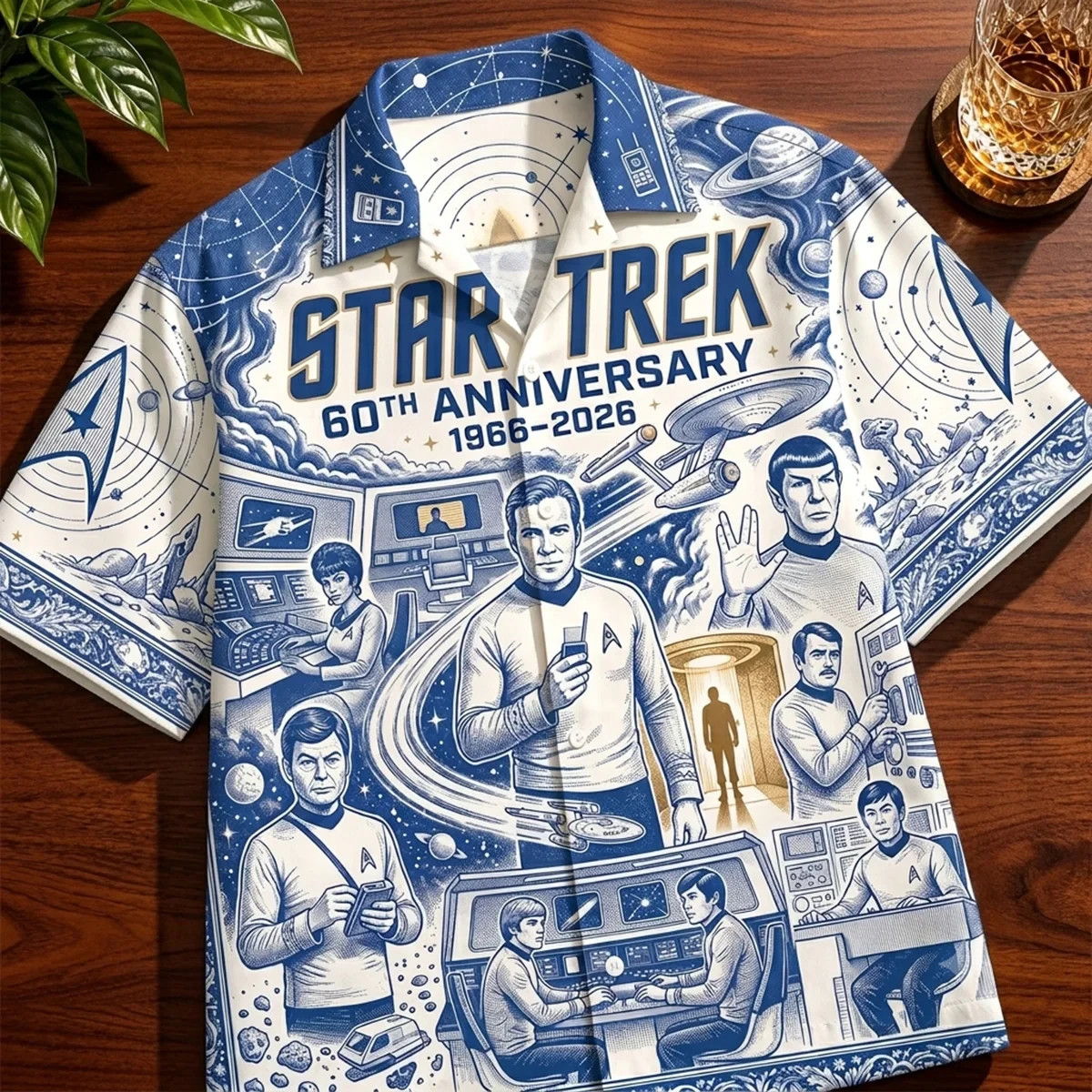 Star Trek 60th Anniversary Hawaiian Shirt Captain Kirk Spock Men Button Down