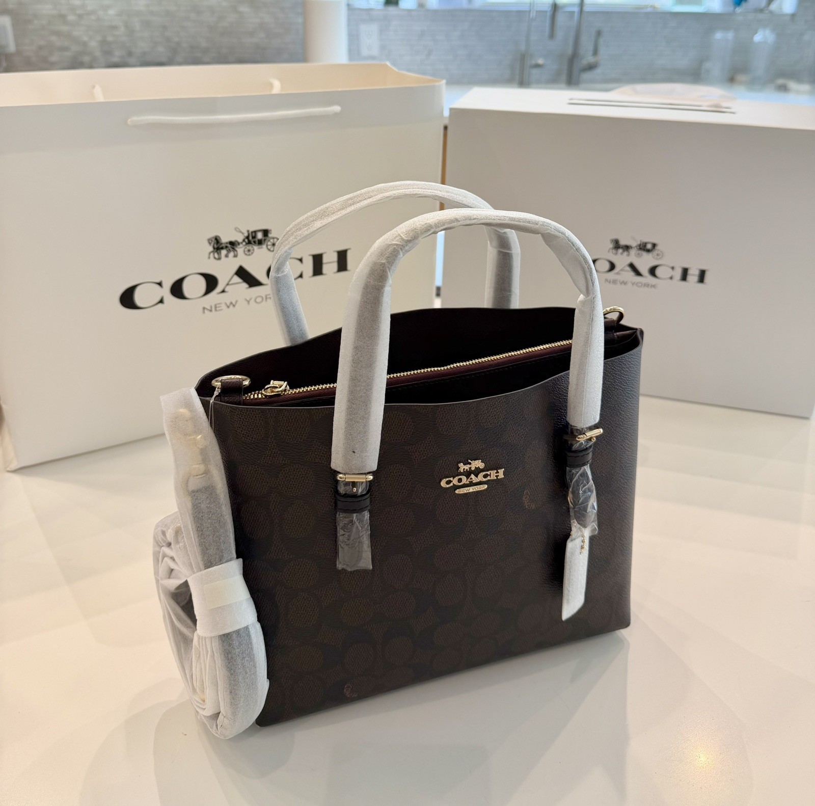 Coach CV965 Mollie Tote 25 Signature Canvas Crossbody Strap IM/WALNUT/BLACK
