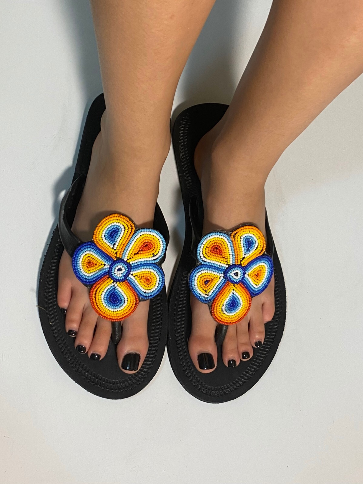 African Footwear-Leather Sandals Yellow, Blue,Orange Beaded