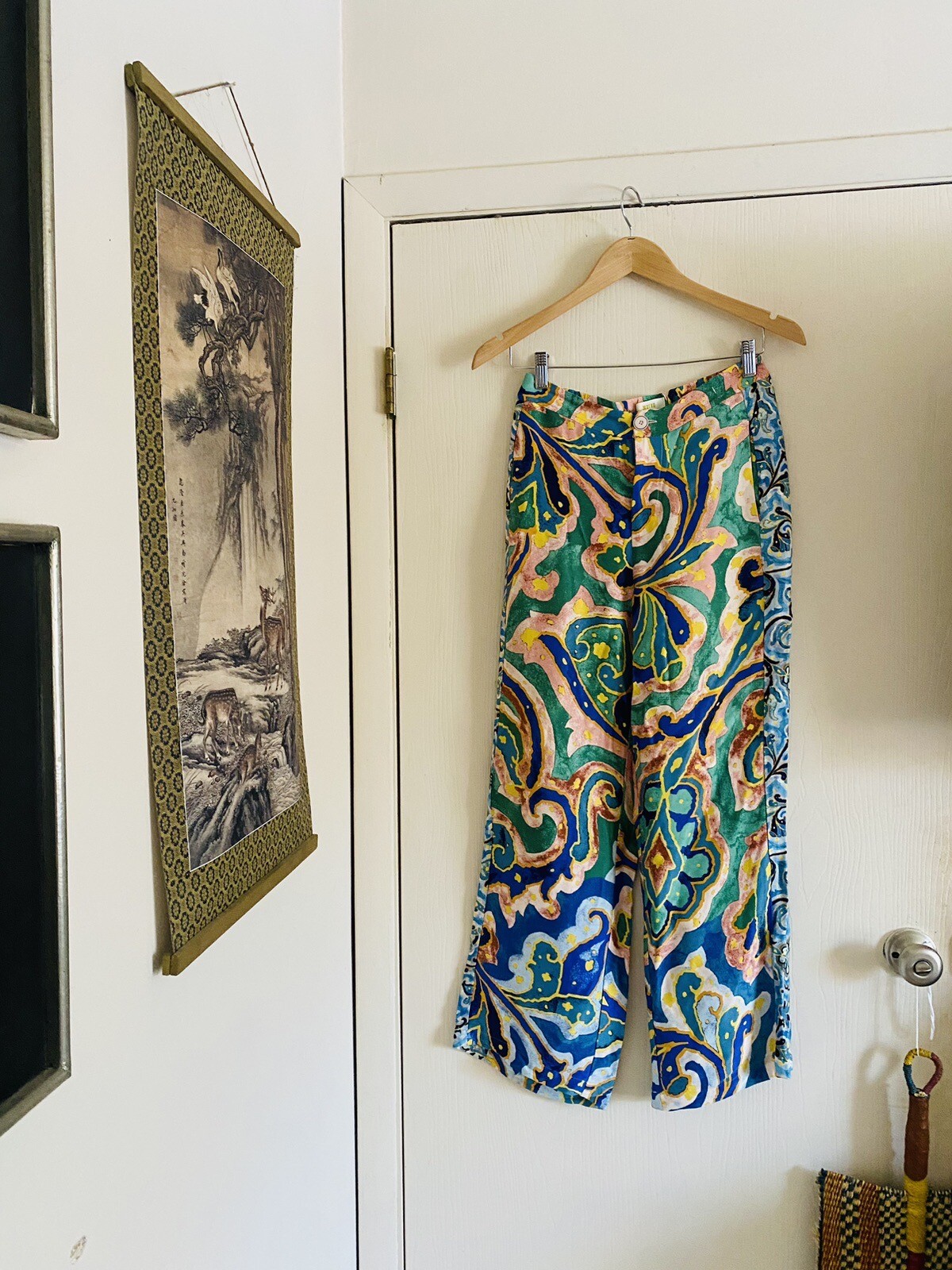 Anthropologie Watercolor Retro Coastal Wide Leg Resortwear High Waist Pants 0