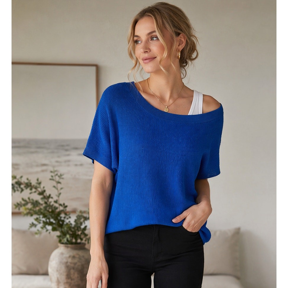 NY & Co Royal Blue Open Knit Sweater M Dolman Sleeve Scoop Neck Casual Top