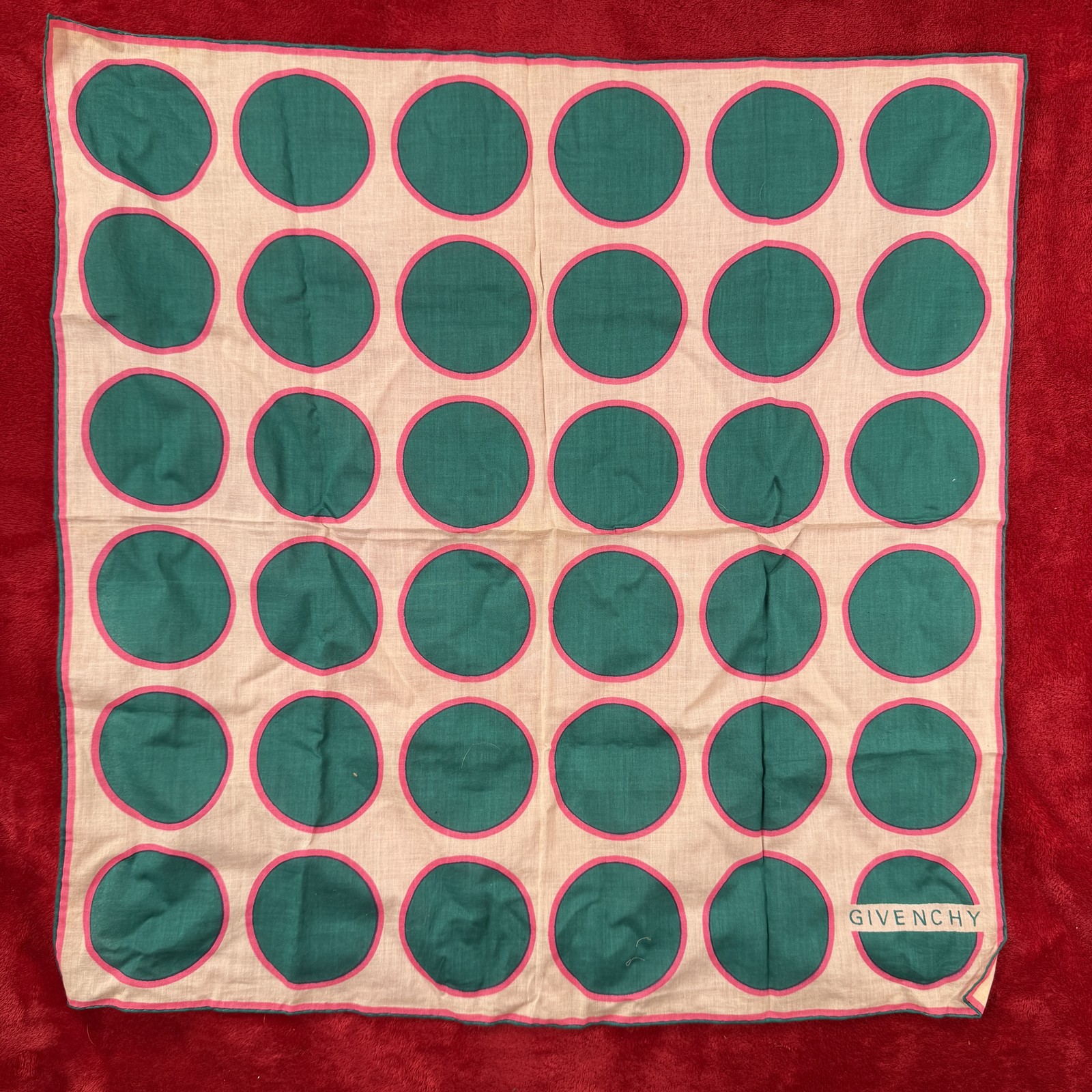 Vintage Givenchy Silk Polka Dot Scarf Green Pink Beige Designer Square