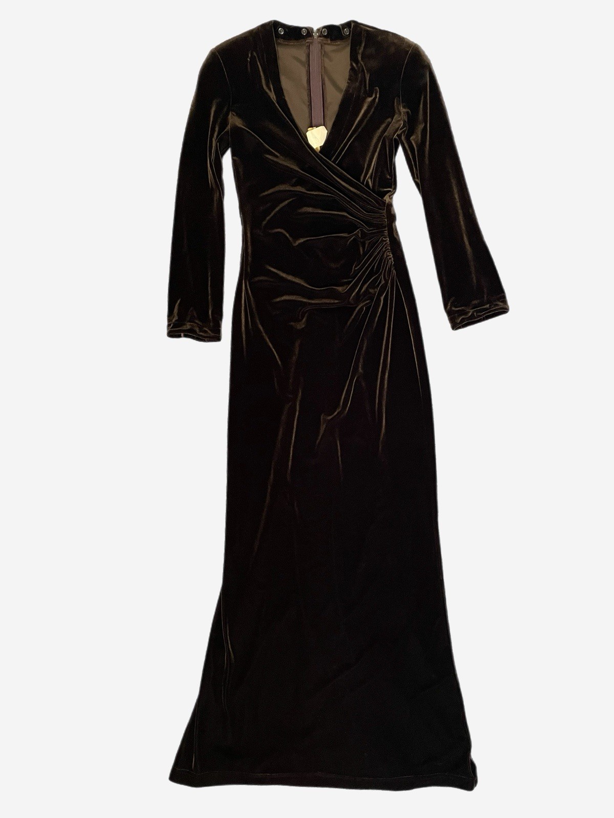 Vintage 90s Cache Brown velvet ruched wrap maxi gown old Hollywood soft goth XS