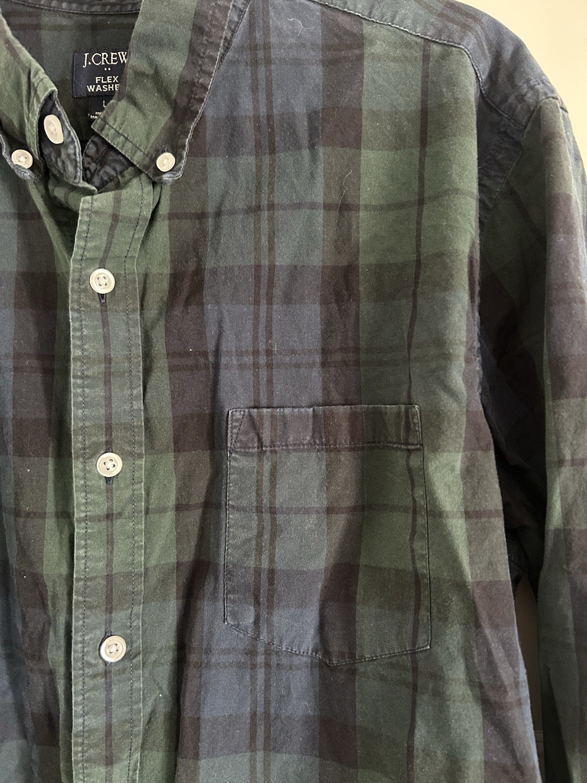 J Crew Factory Navy Green Plaid Flex Washed Slim Fit Button-Down Shirt – Men’s L