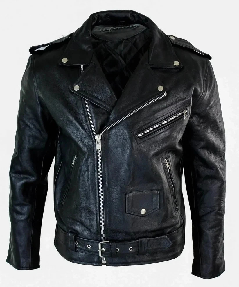 Men’s Motorcycle Leather jacket Genuine Buffalo Skin Brando Style Black Biker