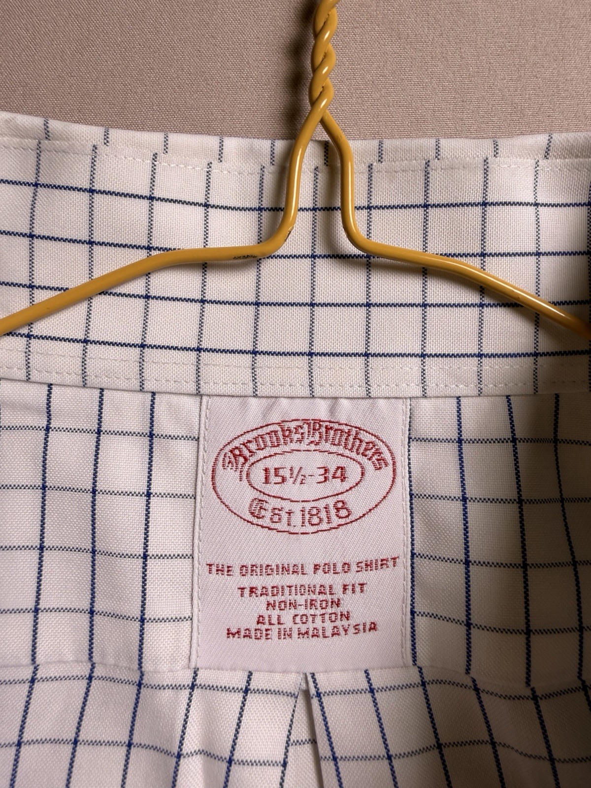Brooks Brothers Polo Shirt 15.5 34 White Blue Windowpane Check Non Iron