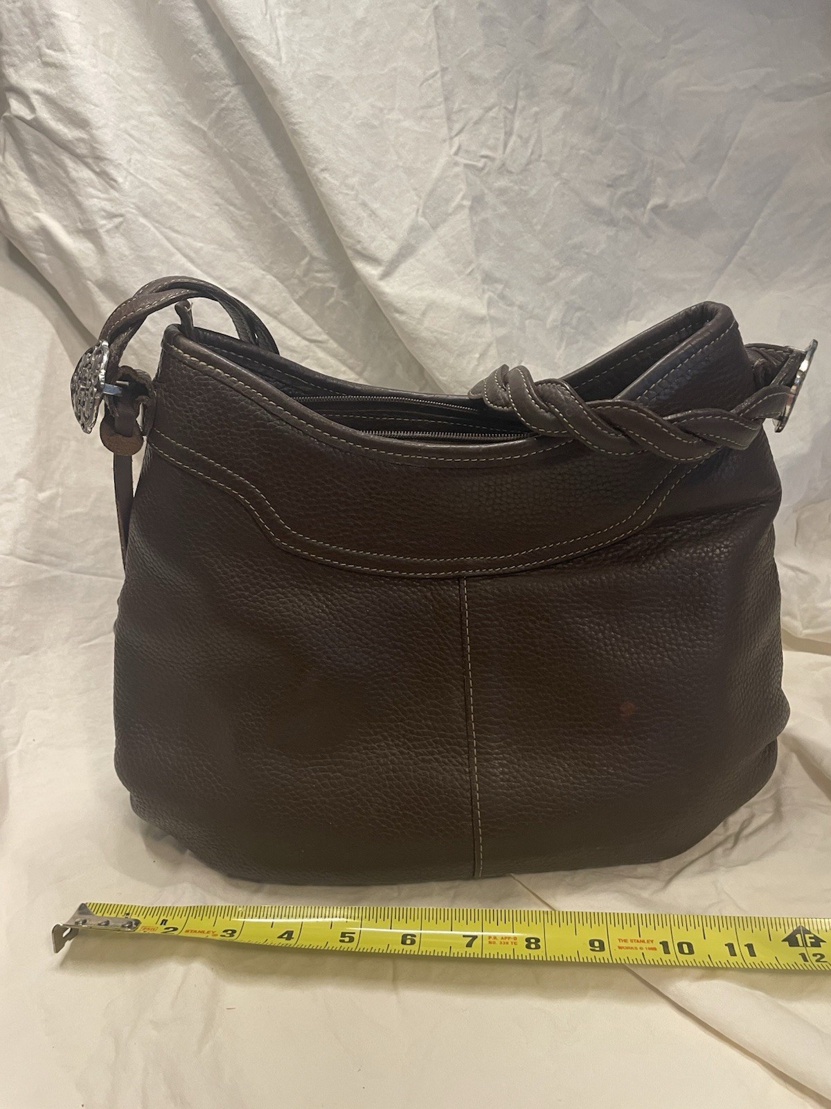 Brighton Brown Pebbled Shoulder Bag Braided Strap Floral Lining Inner Pockets