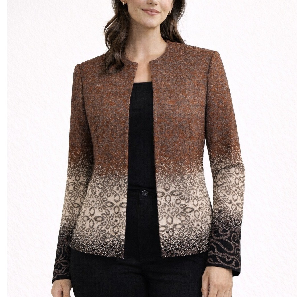 Ming Wang Ombre Jacquard Cardigan Women Petite M Brown Black Open Front Jacket