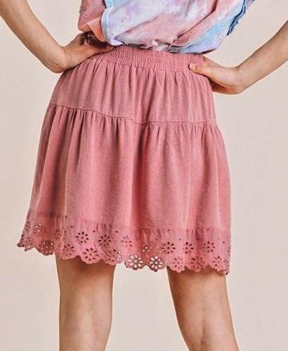 NWT UMGEE L 12 14 Rose Eyelet Detail Elastic Waistband Full Short Skirt Linen