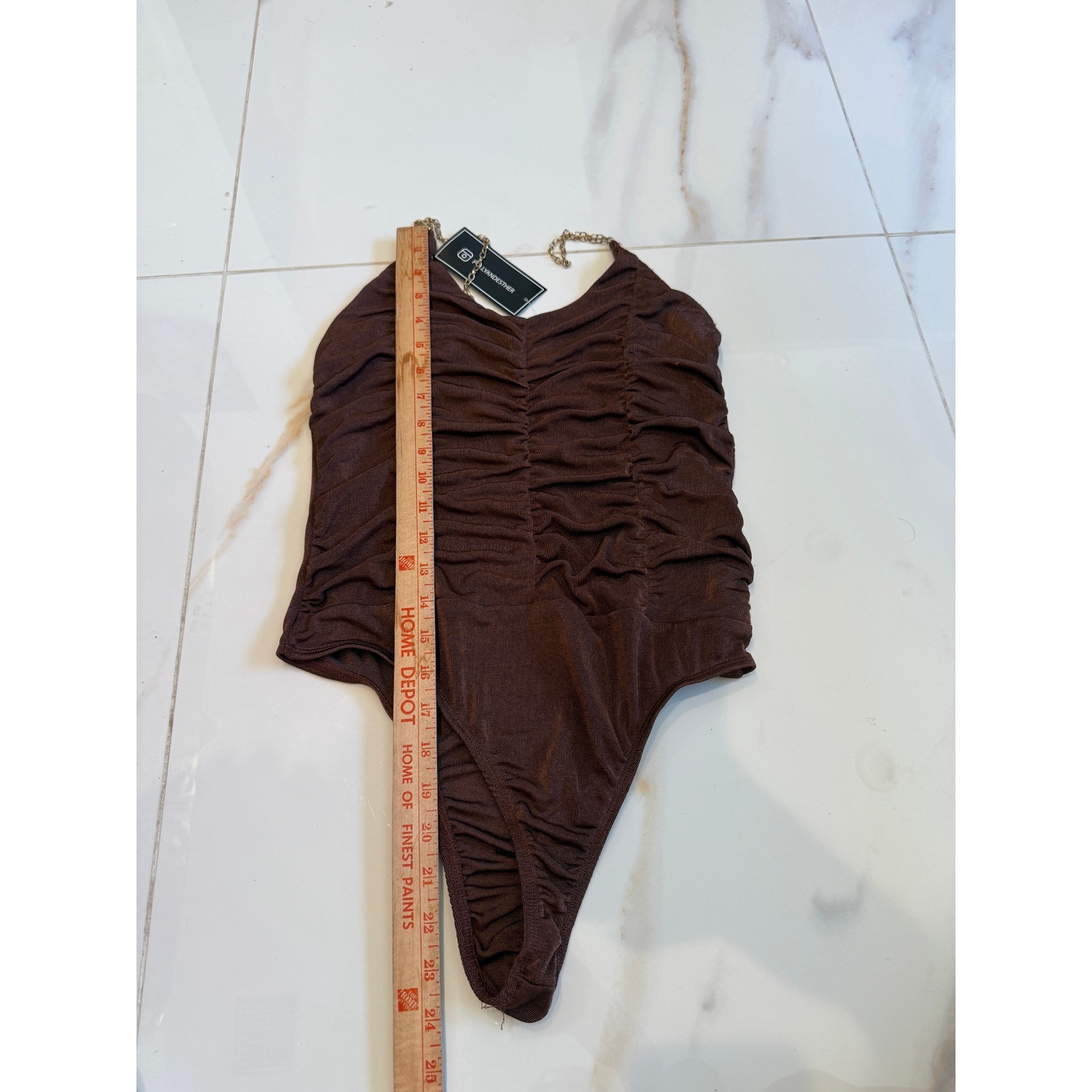 Just Polly New York Brown Ruched Bodysuit Gold Chain Straps Size L