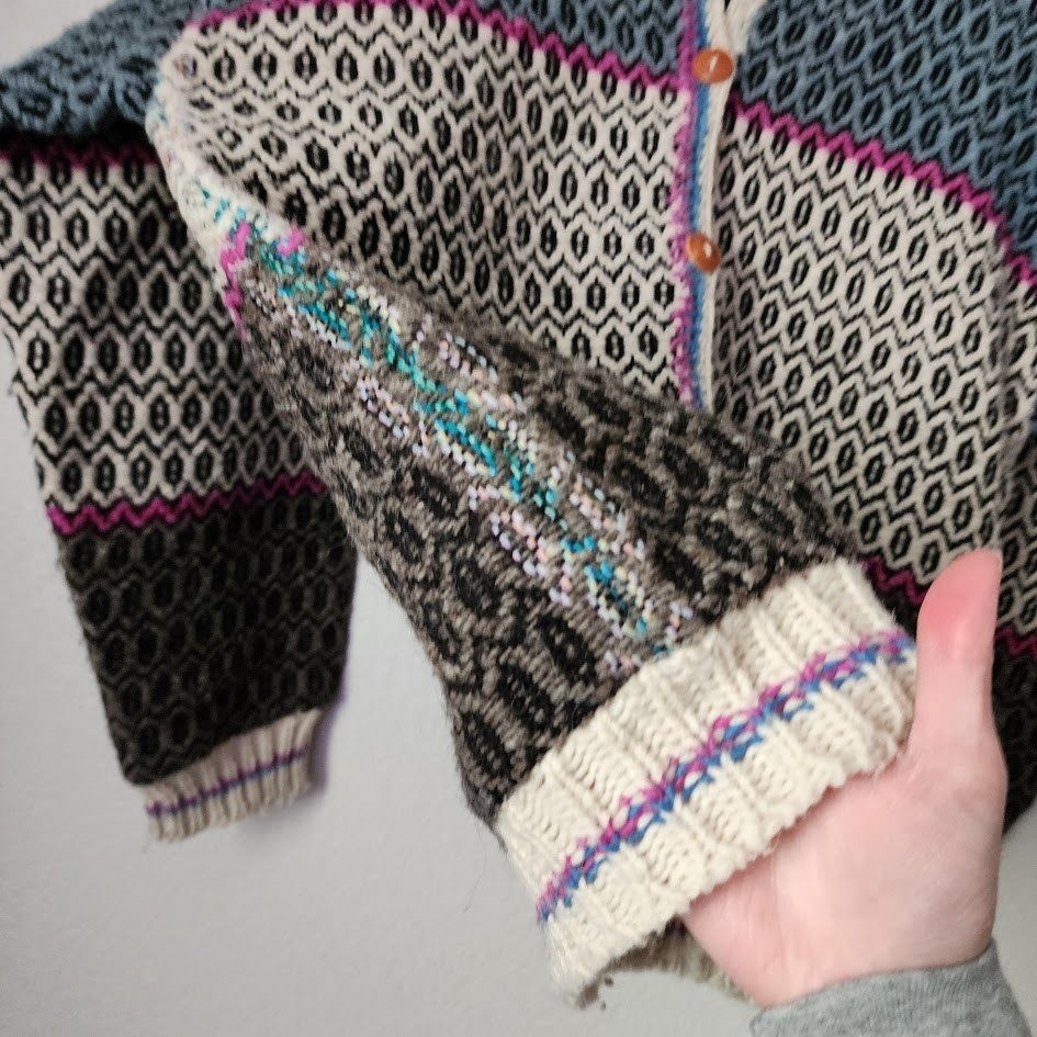 STEPHEN Handmade in Ecuador 80s Wool Cardigan Sweater Geometric Stripe Pattern