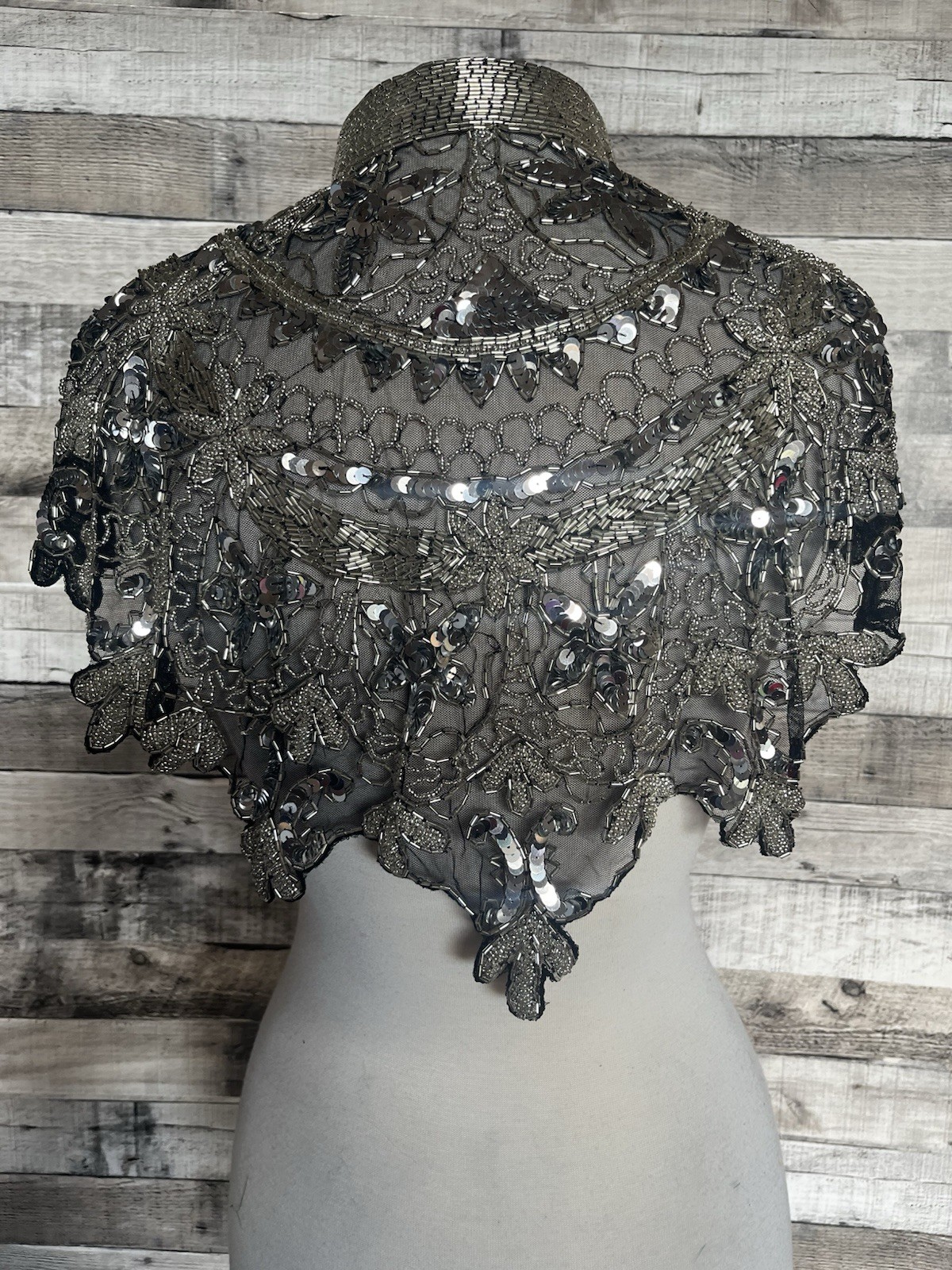 Sequin Beaded FULL Collar Shoulder Shrug Shawl Wrap Applique Black/Silver