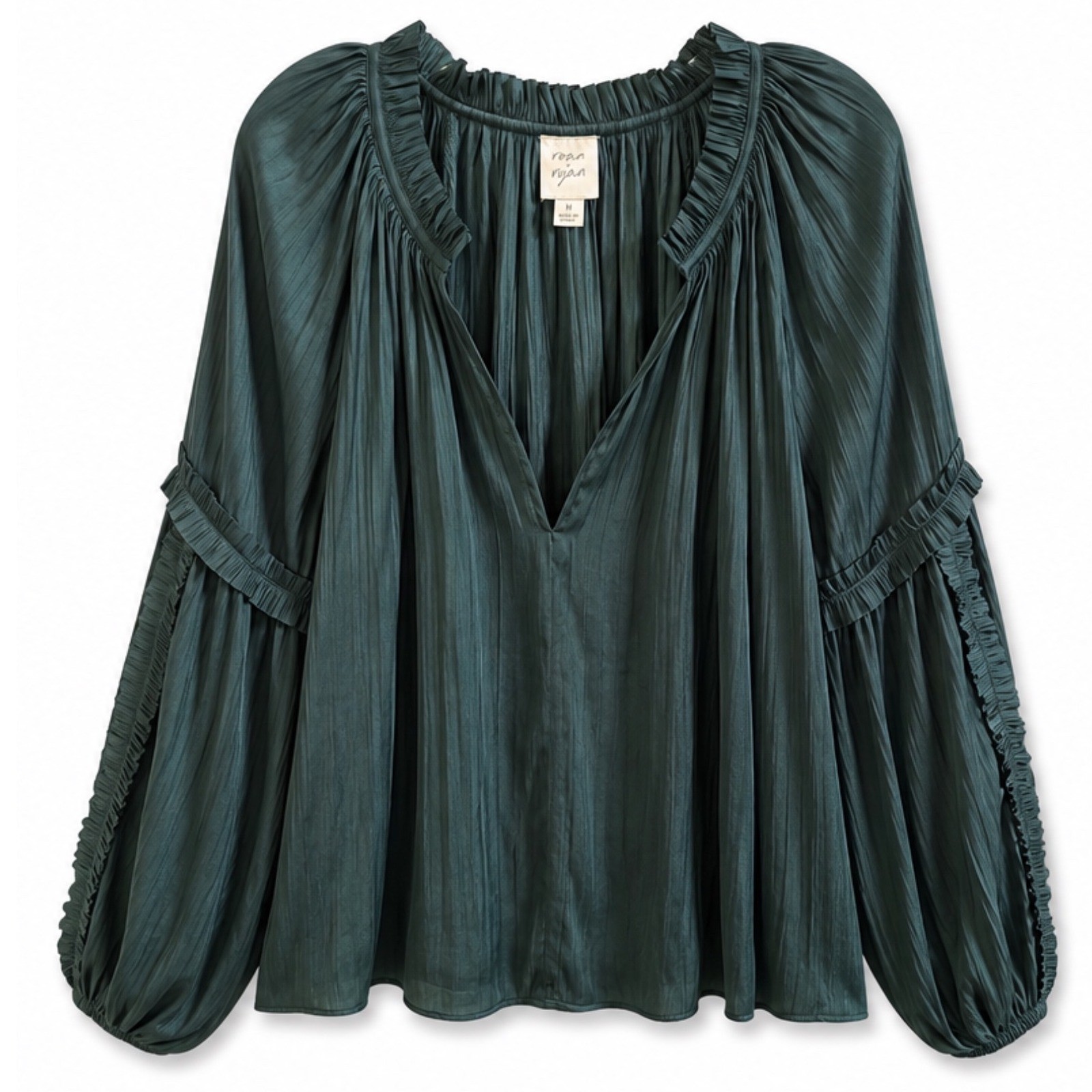 Roan + Ryan Dark Green Plissé Peasant Blouse Romantic Boho Fairy Core Top M