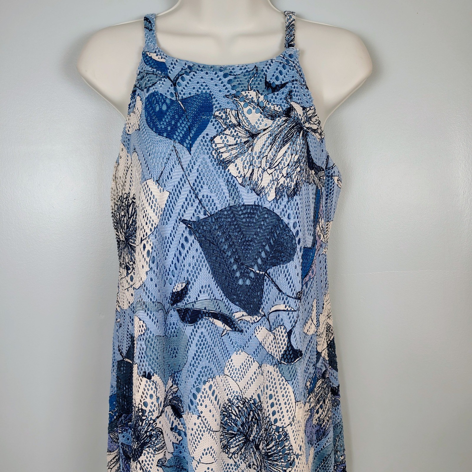 Westport Petite Medium Blue Floral Mesh Overlay Halter Neck A-Line Dress