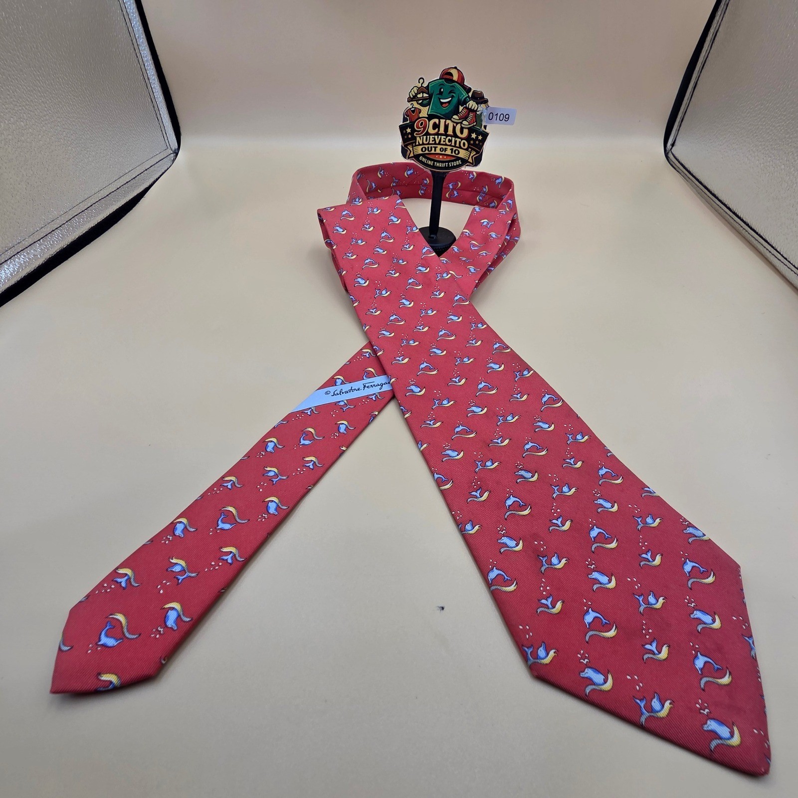 Salvatore Ferragamo Mens Silk Tie Red Blue Dolphin Whale Animal Print Italy 58in