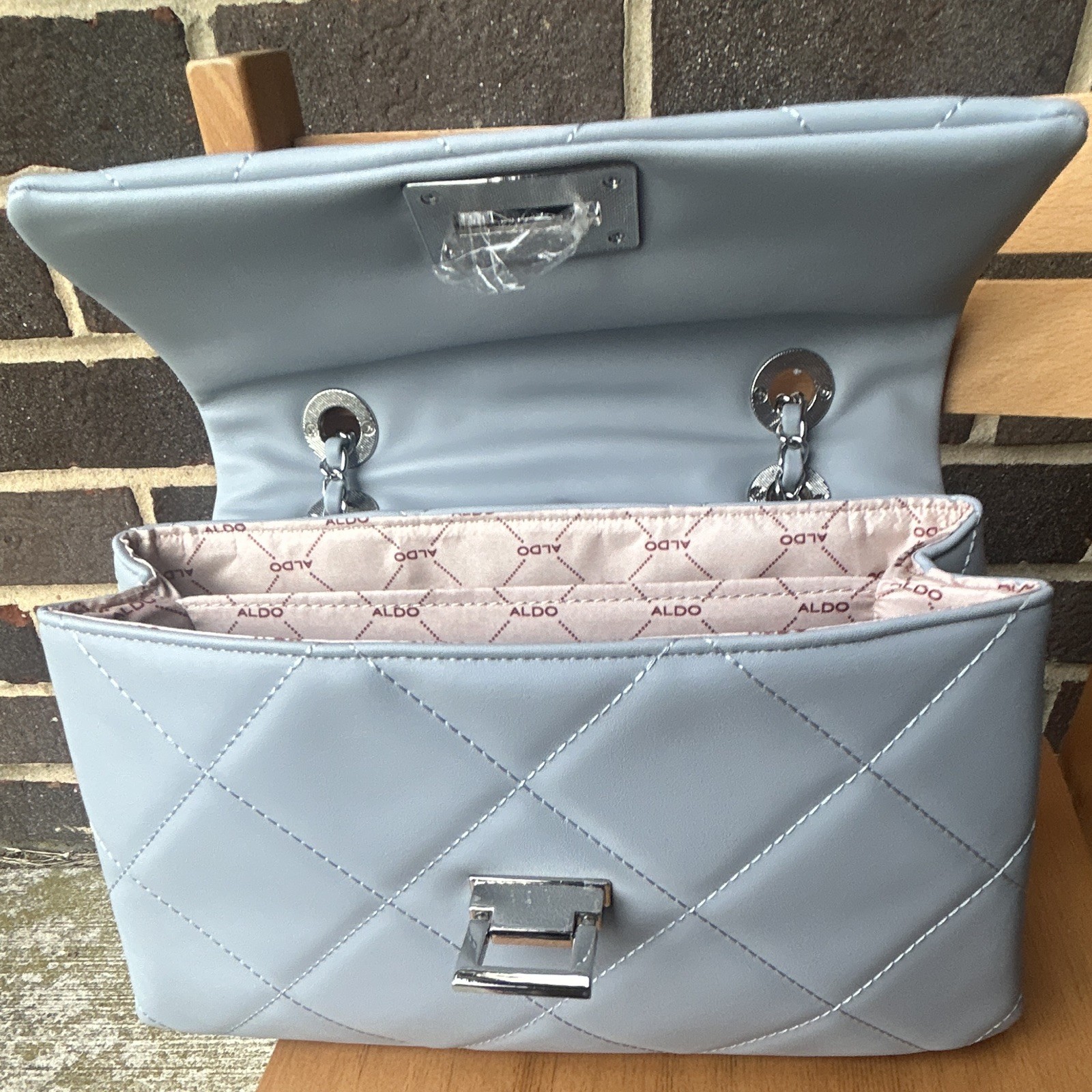 ALDO Light Blue Quilted Shoulder Bag, Chain Strap, Turn Lock, Pockets