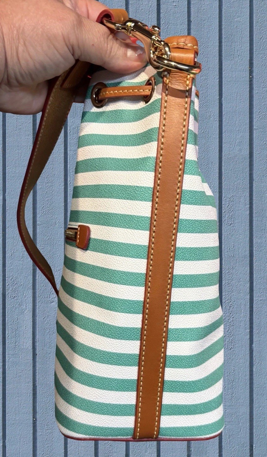 Dooney Bourke Sullivan Stripes Seafoam Spearmint Green Drawstring Bucket Bag