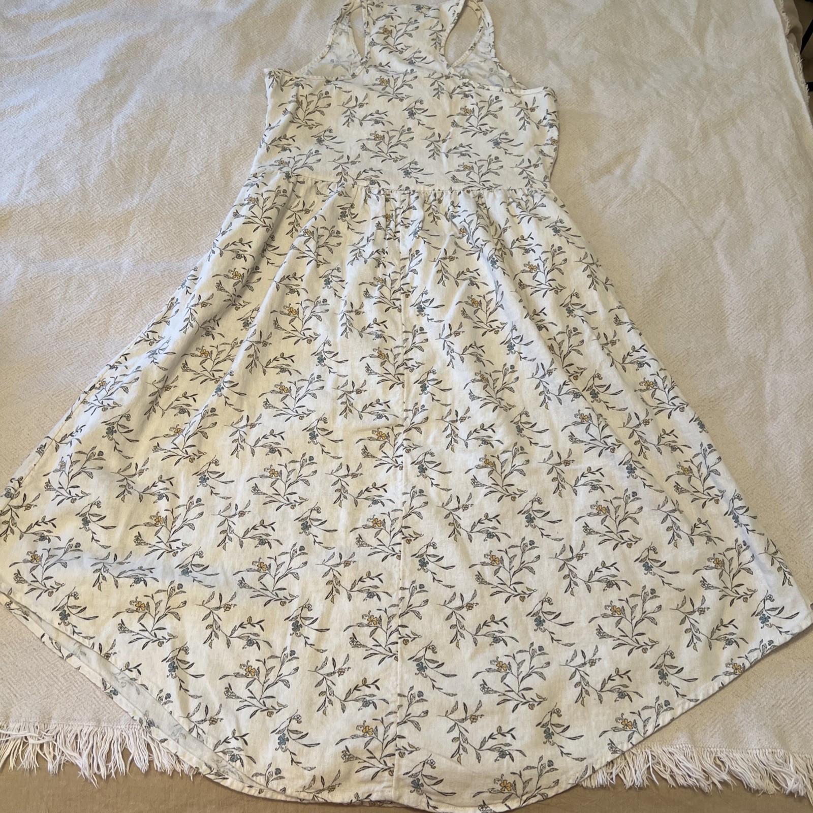 M Floral Linen Blend Cottage Basque Waist Racer Back Sleeveless Dress Pockets