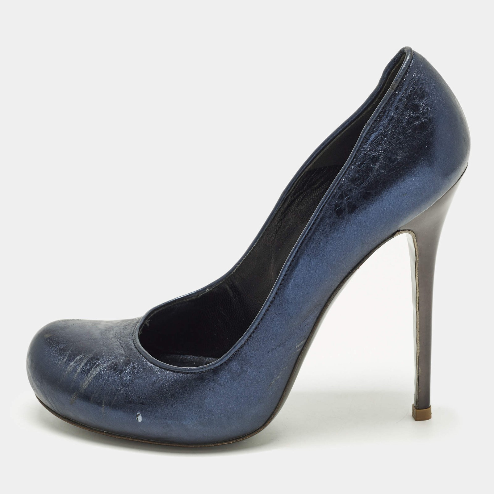 Alexander McQueen Size 38.5 Metallic Blue Foil Leather Round Pumps