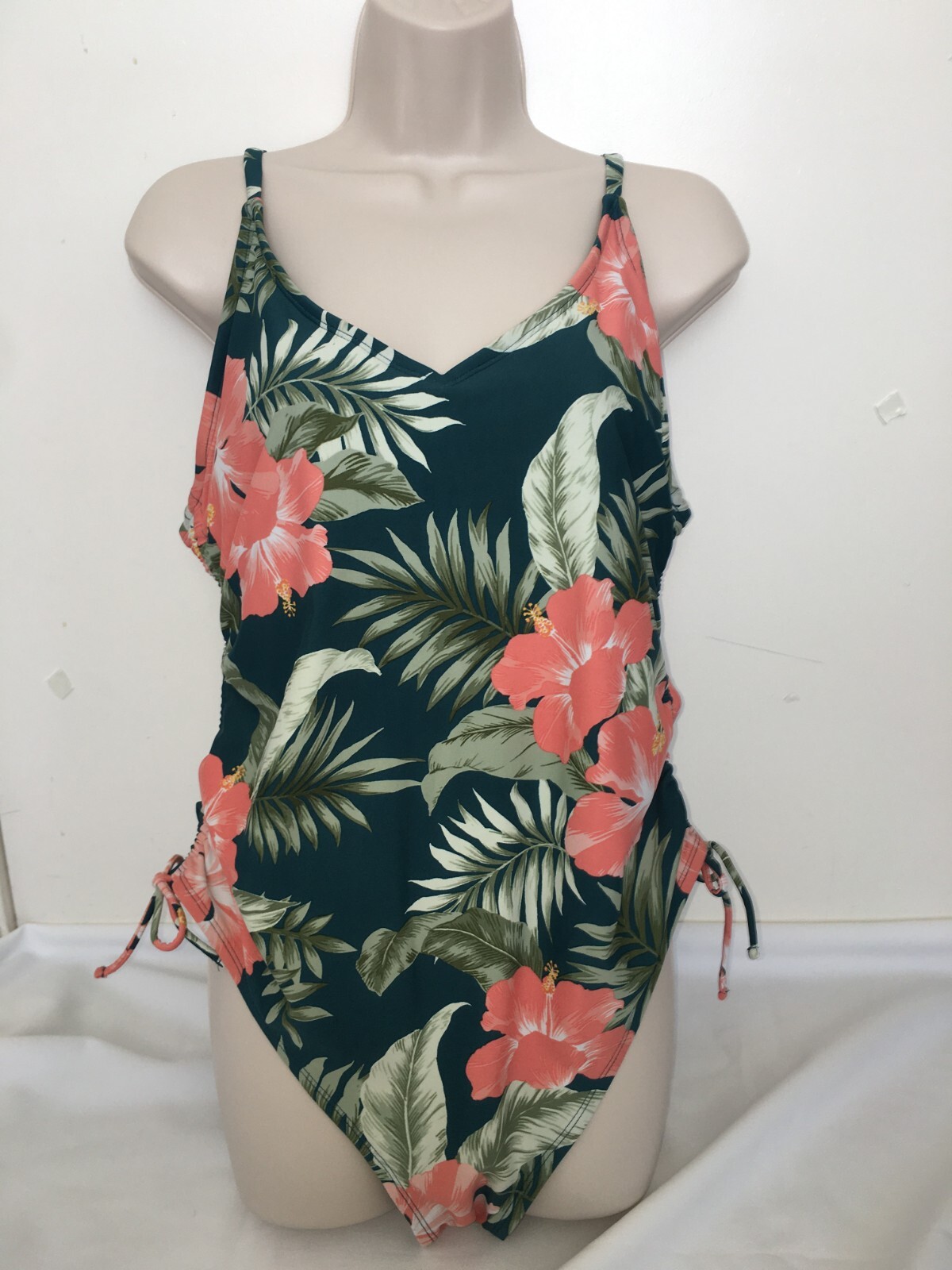 Kona Sol Womens Swimsuit One Piece Swimwear Green Floral Tropical Side Cinch…
