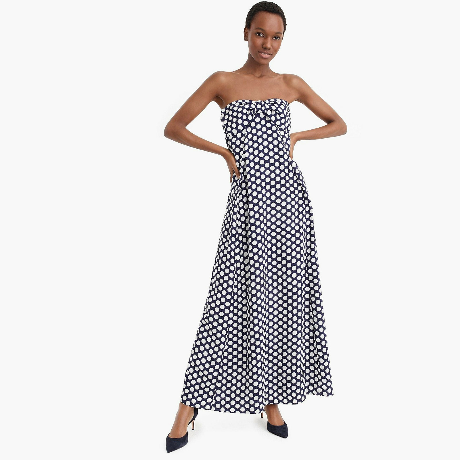 NEW J. CREW POLKA DOT STRAPLESS BOW FRONT SILK MAXI DRESS SZ 0