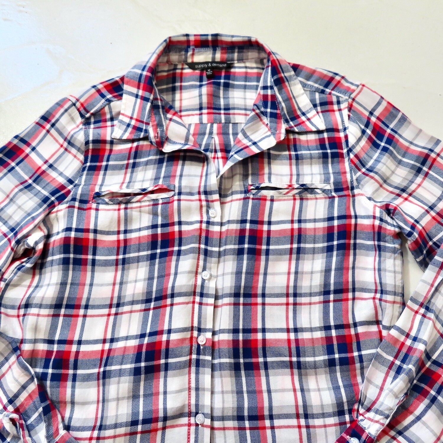 Supply & Demand Shirt Womens Medium Red Blue Plaid Button Up Long Sleeve Western