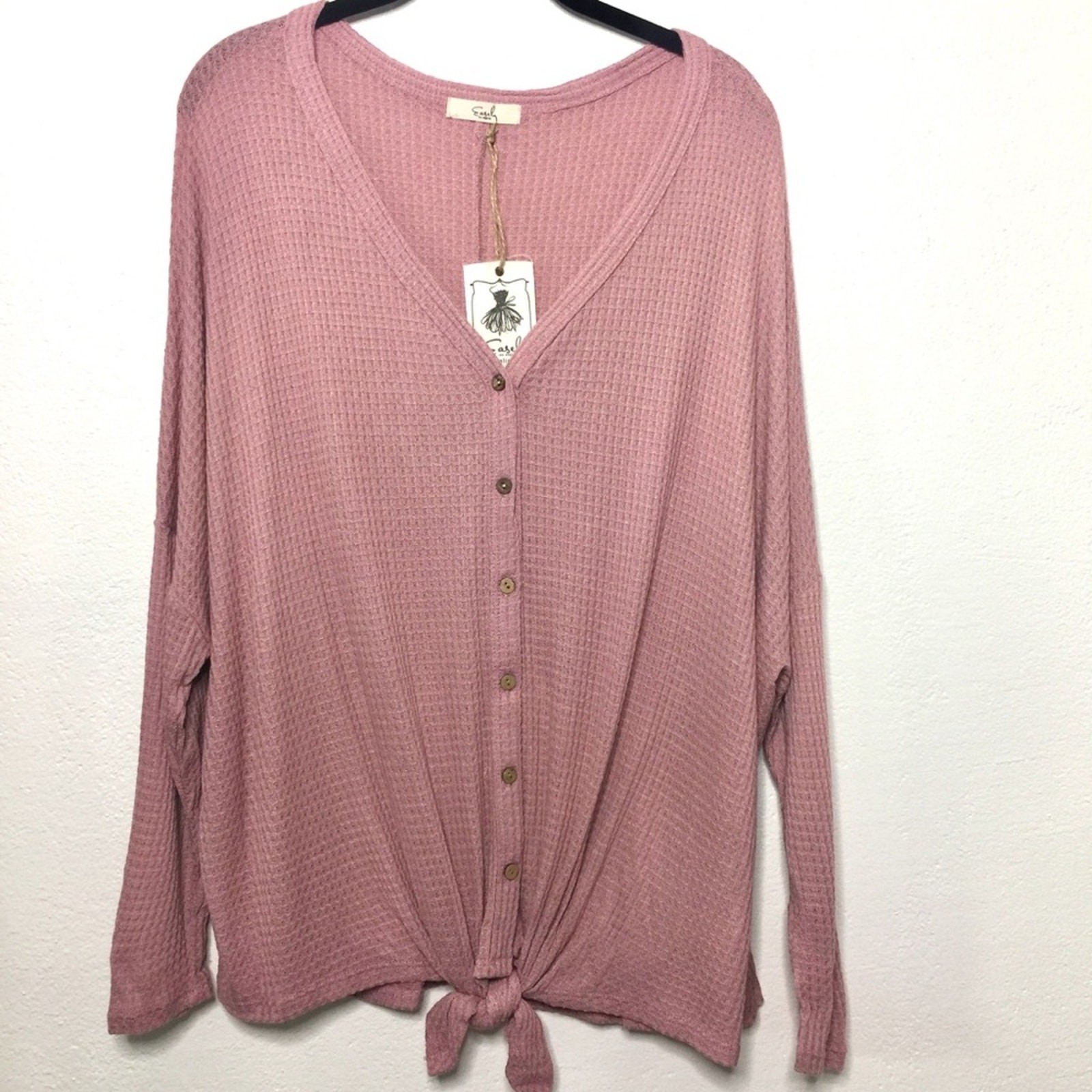 easel Waffle Knit Mauve Tie Front Thermal Top Size Medium