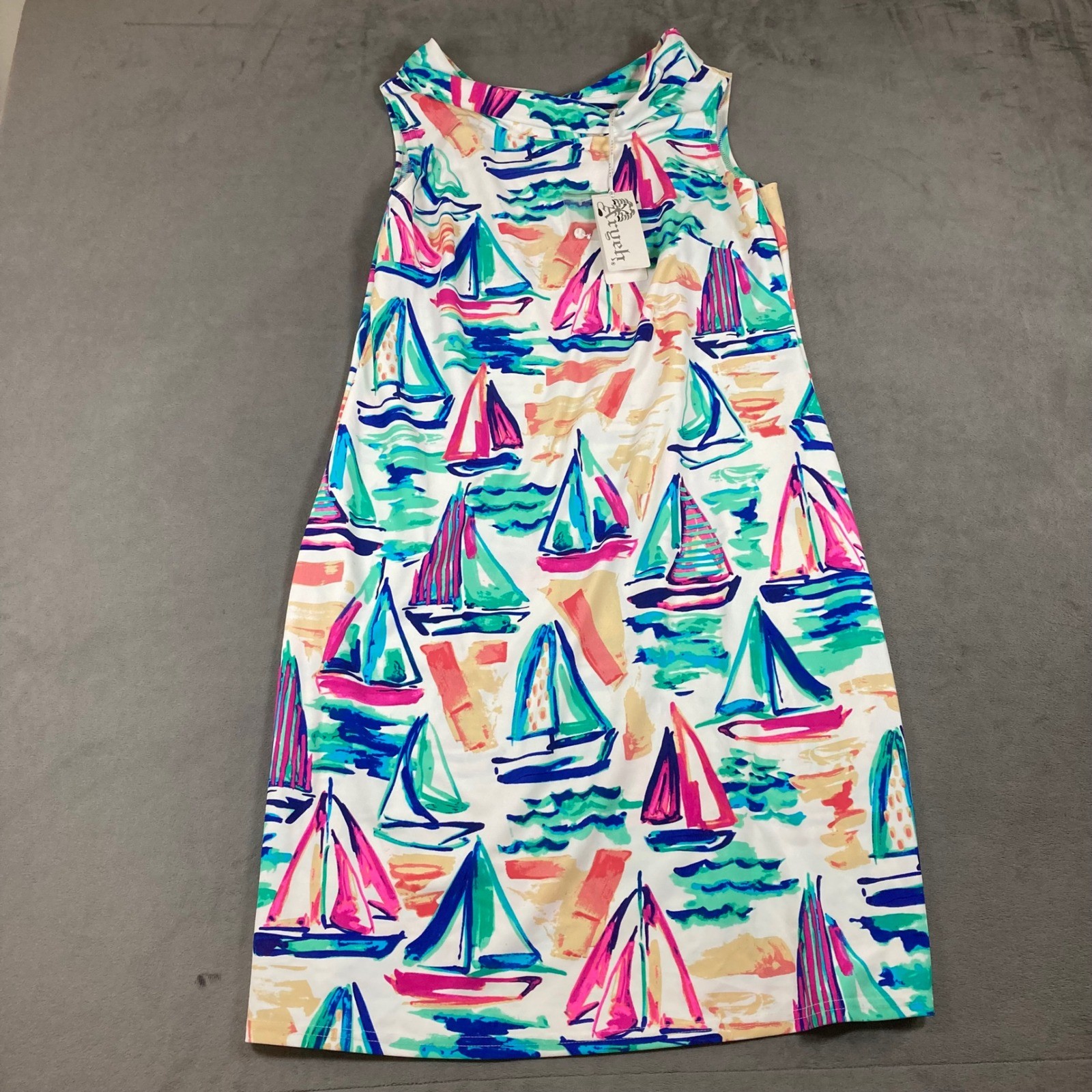 Aryeh Nautical Sailboat Print Sleeveless Shift Dress White Pink Turquoise