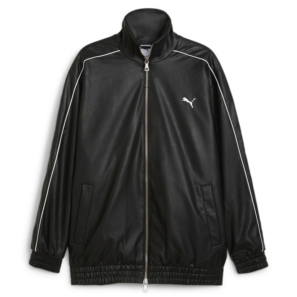 PUMA T7 Oversized Pleather Full Zip Track Jacket Mens Black Casual Athletic Oute