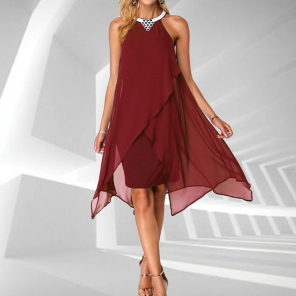 Womens Chiffon Halter Neck Mini Dress Ladies Evening Cocktail Party Gown Size 16