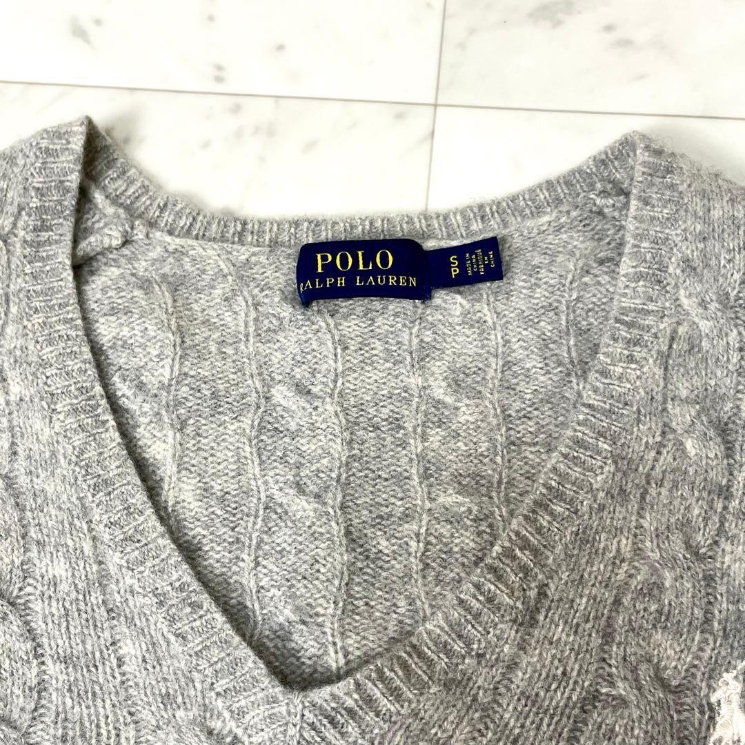 Polo Ralph Lauren CABLE KNIT WOOL CASHMERE V-NECK SWEATER Size S (P) Grey