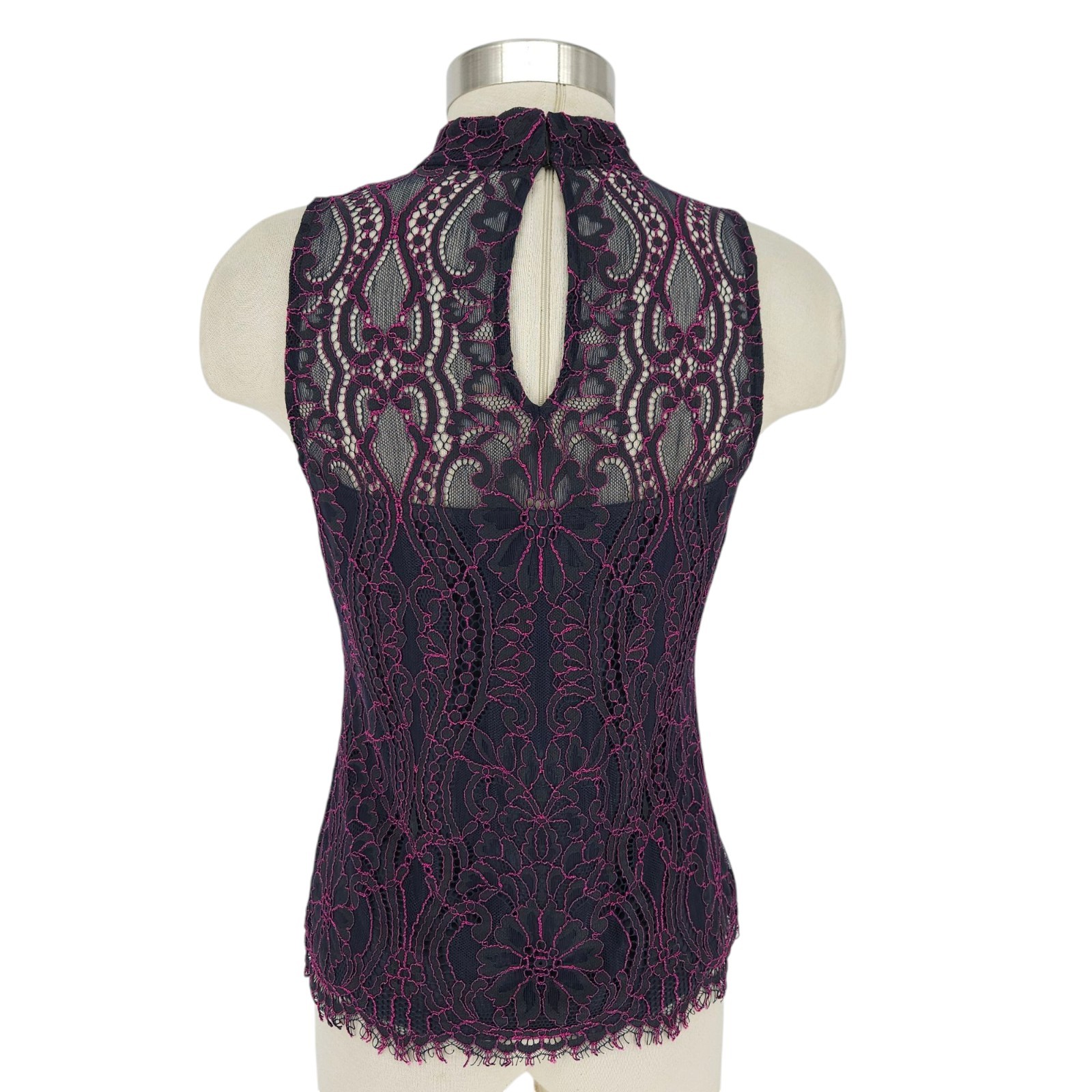 White House Black Market Shirt Two Tone Lace Sleeveless Sheer High Neck Womens 4