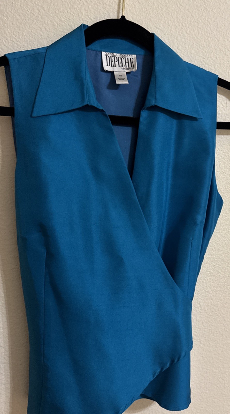 Yves Cossette Depeche Mode Womens Blouse Wrap Around Sleeveless Silk SZ 10 blue