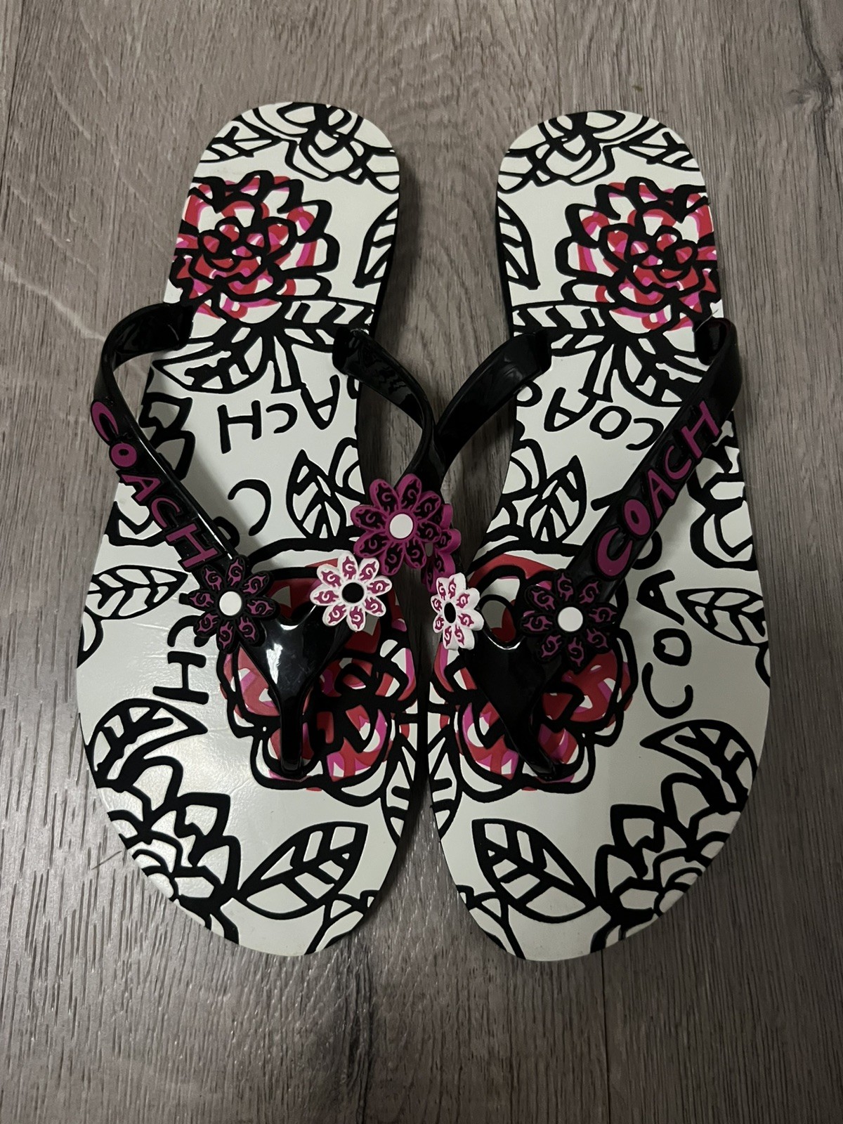 EEUC size 7 Coach Poppy Kerrie Black Pink Floral Jelly Flip Flop Sandals
