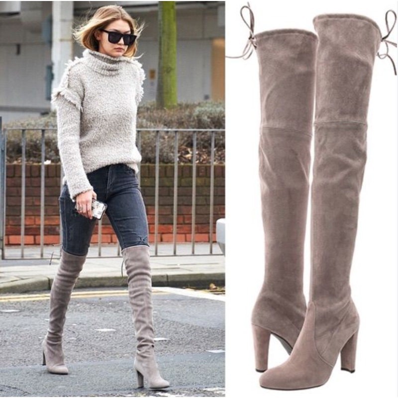 Stuart Weitzman Highland Boots Over the Knee Thigh High Gray Block Heel sz 38