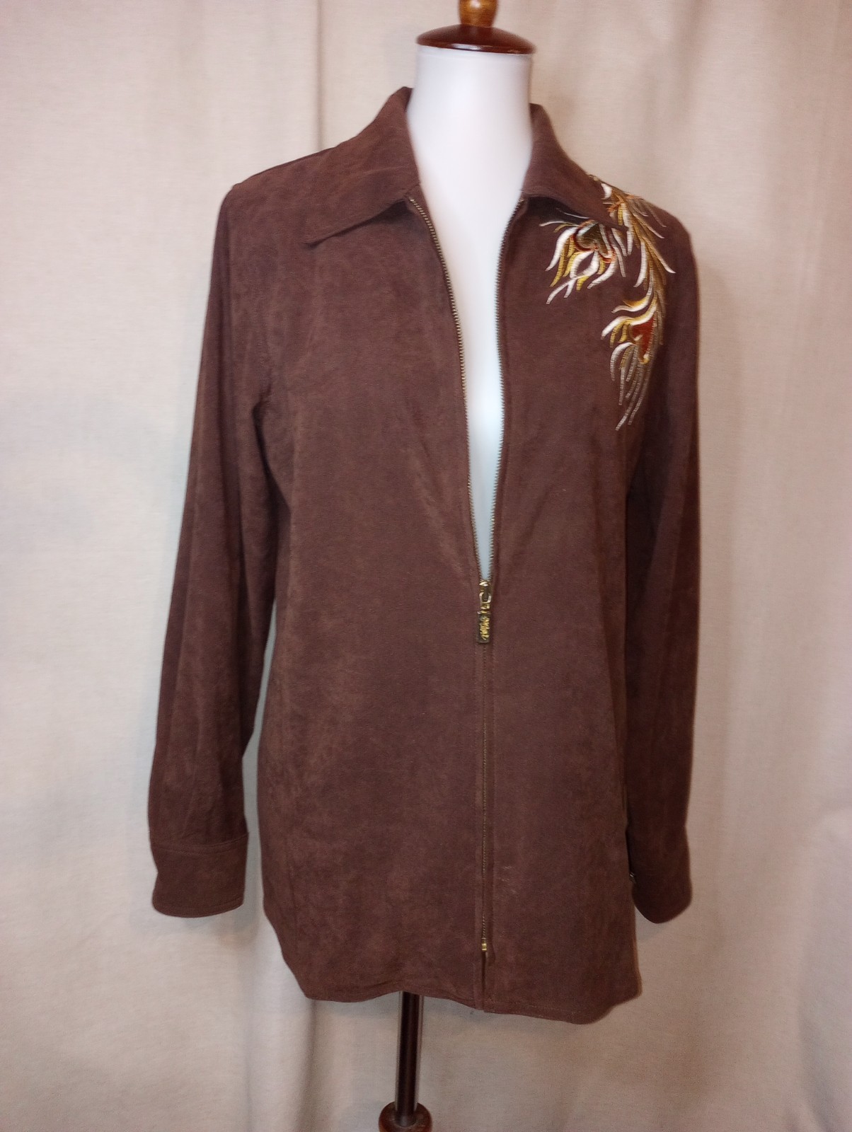 Bob Mackie Vtg Phoenix Wearable Art embroider zip jacket brown faux suede Small