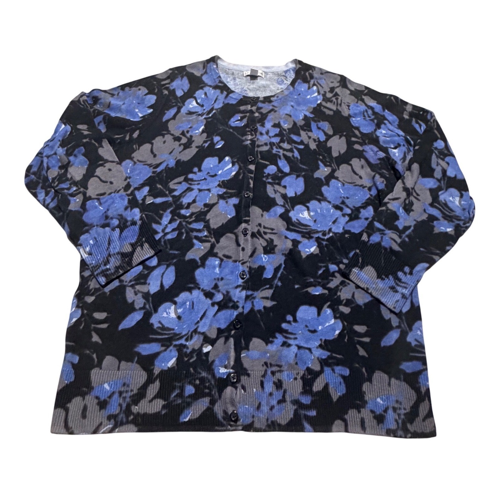 Croft & Barrow Womens 1X Cardigan Sweater Blue Floral Button Front 100% Cotton