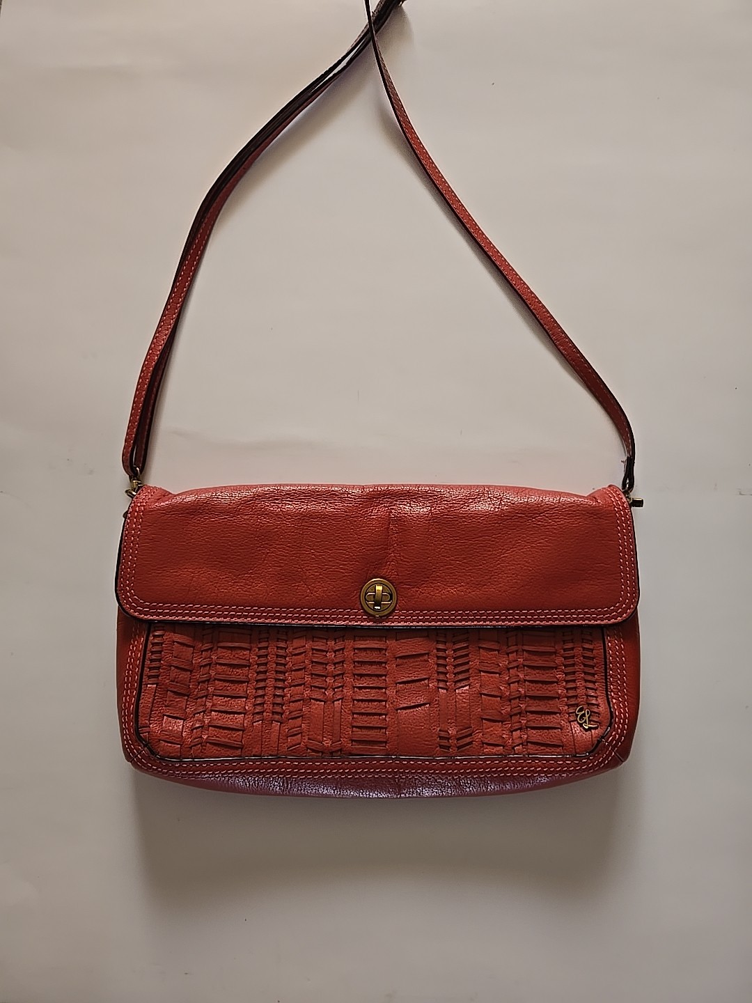 Elliott Lucca Leather Crossbody Purse Coral Woven. Turn Lock. Slim Shoulder