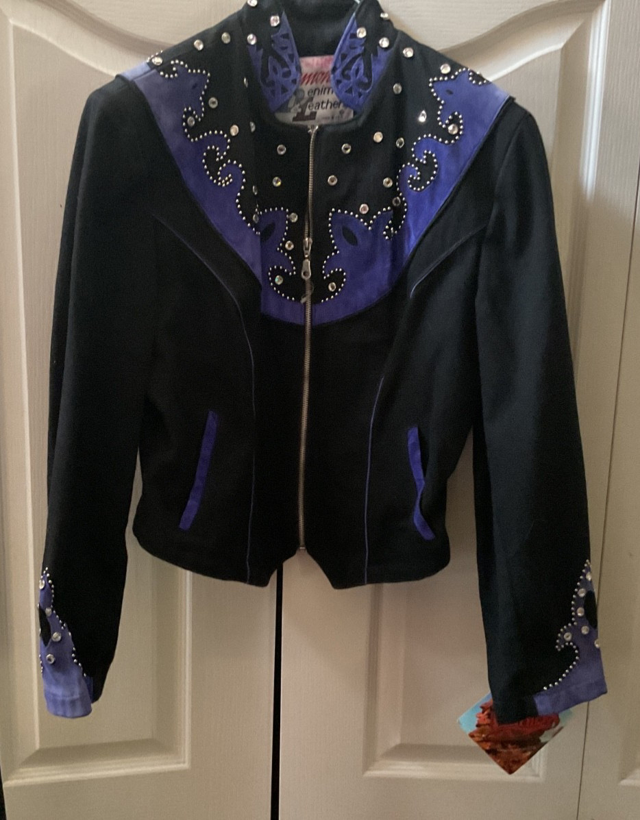Diamond Denim & Leather Jacket Size 8 Black/Purple Western Rodeo USA studs suede