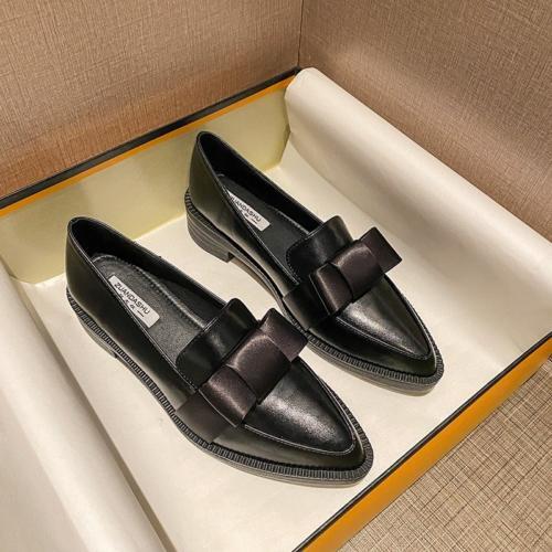 Bowknot Women’s Oxfords Block Heel Loafers Pointed Toe Dress Shoes Slip On Retro