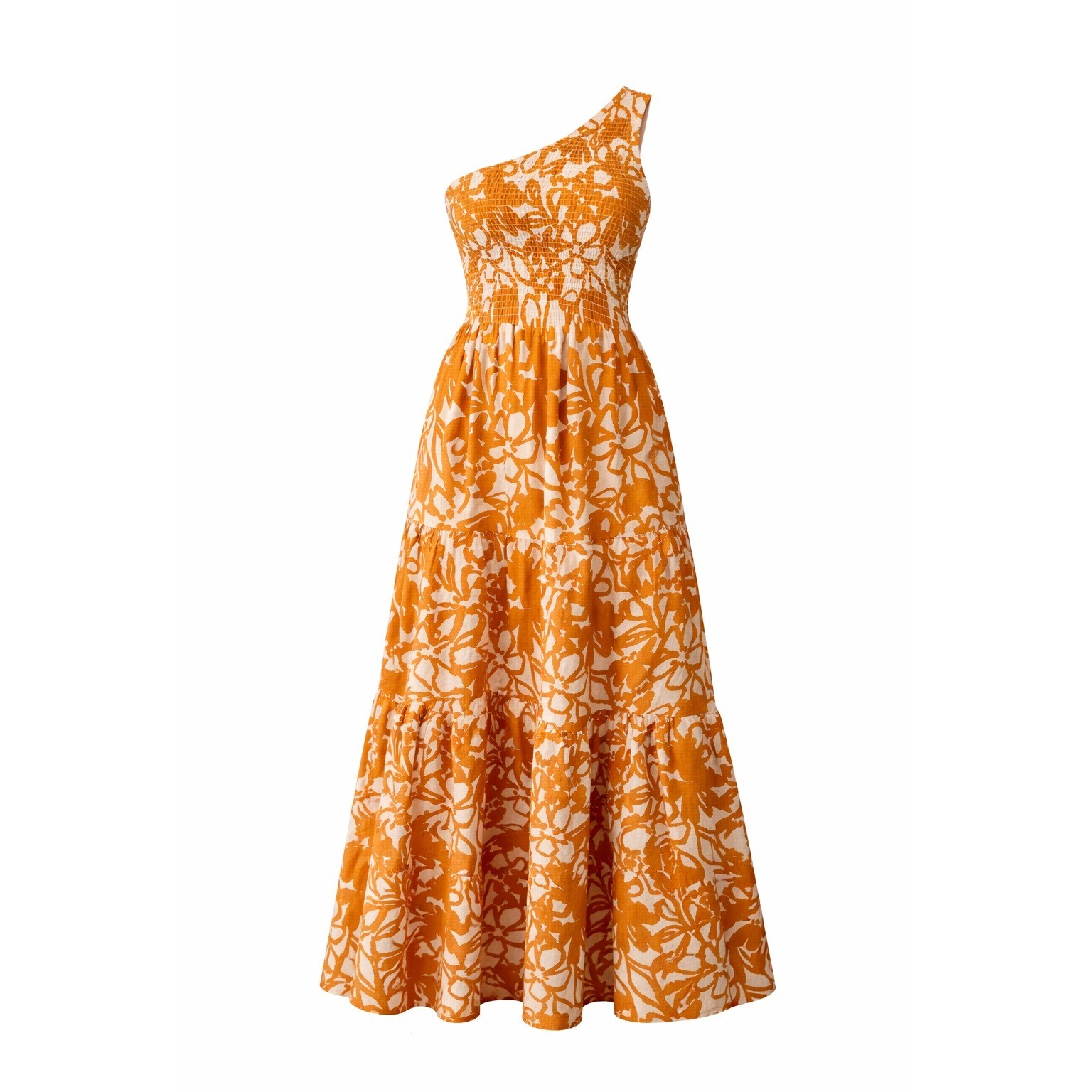 Sugarlips Marida Caramel Floral Smocked One Shoulder Lys Maxi Dress Size S NWT