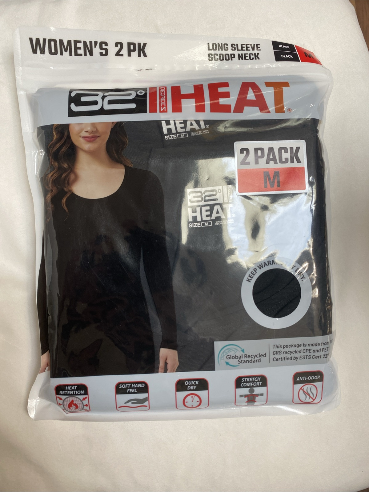 NEW 32 DEGREES HEAT BASE LAYER TOP LONG SLEEVE SHIRT BLACK 2 PK SZ M #161C