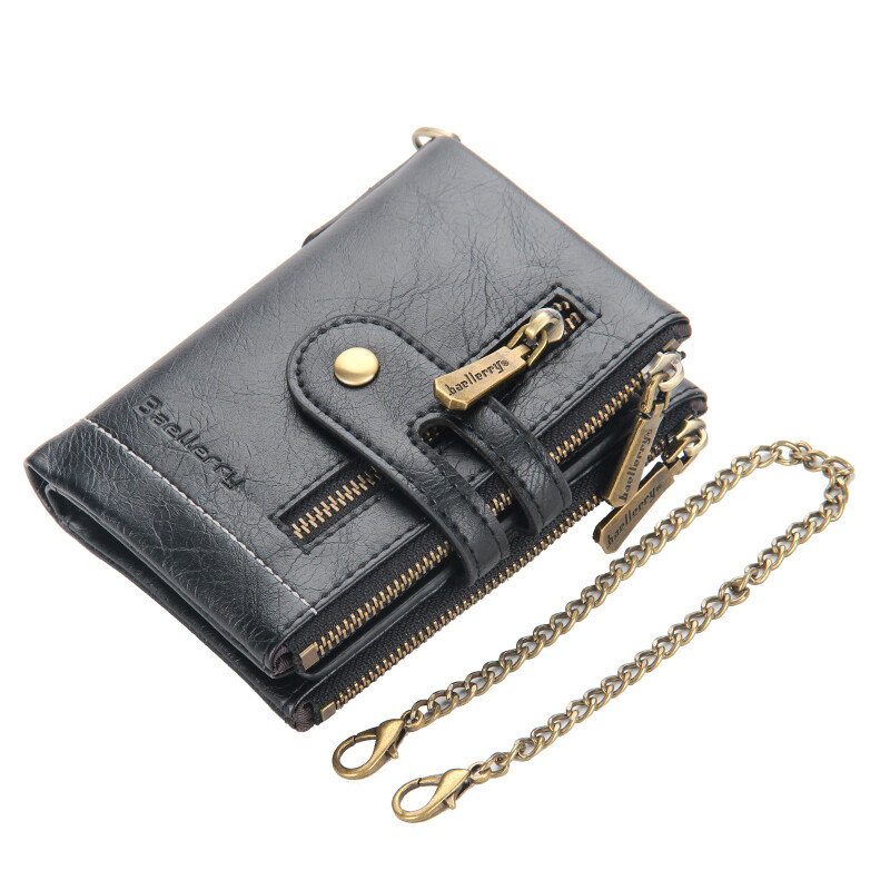 Men Leather Black Wallet with Anti-theft Chain Bifold Double Zipper Purse Gift