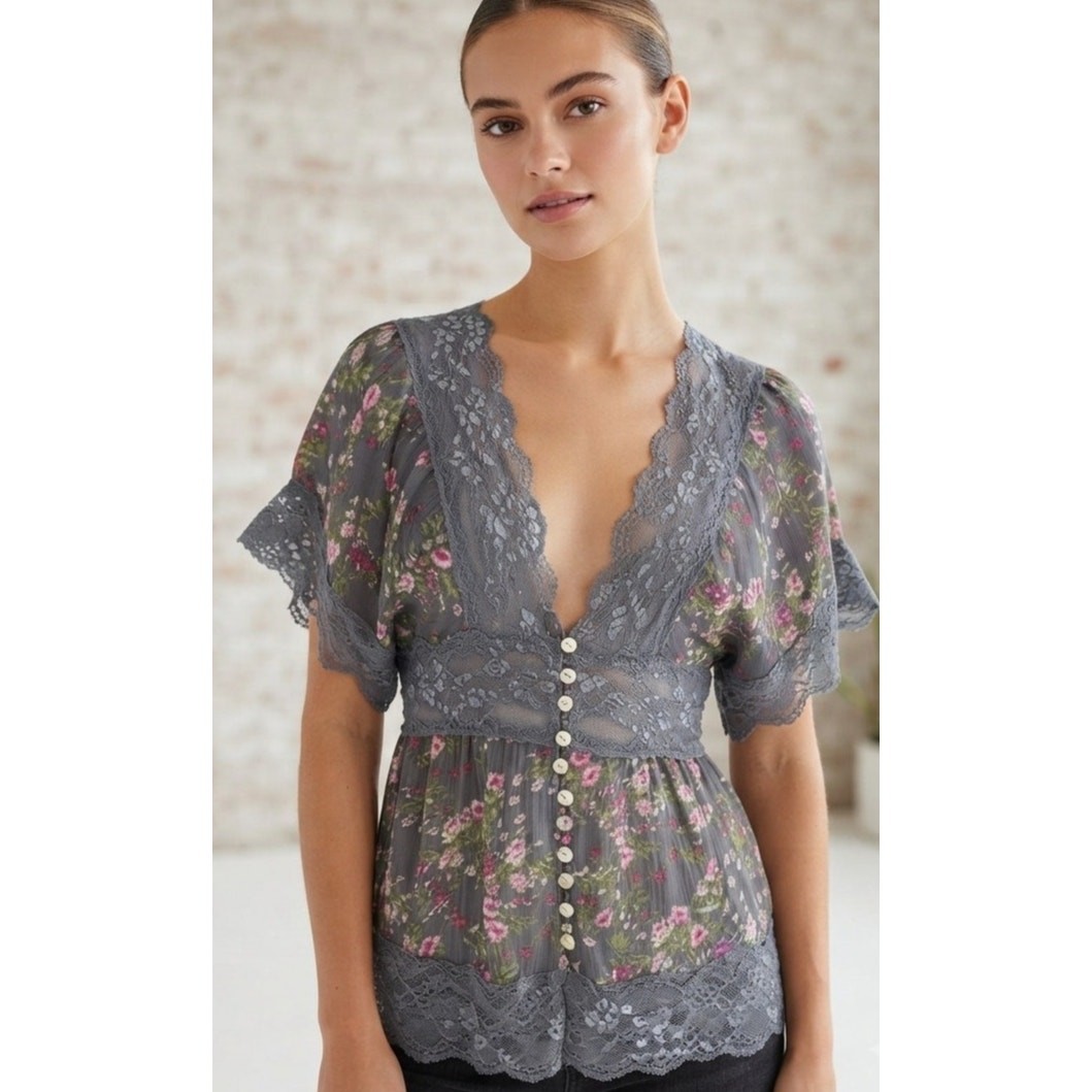 Passport Floral Sheer Boho Cottagecore Kaftan Style Blouse with Lace Trim